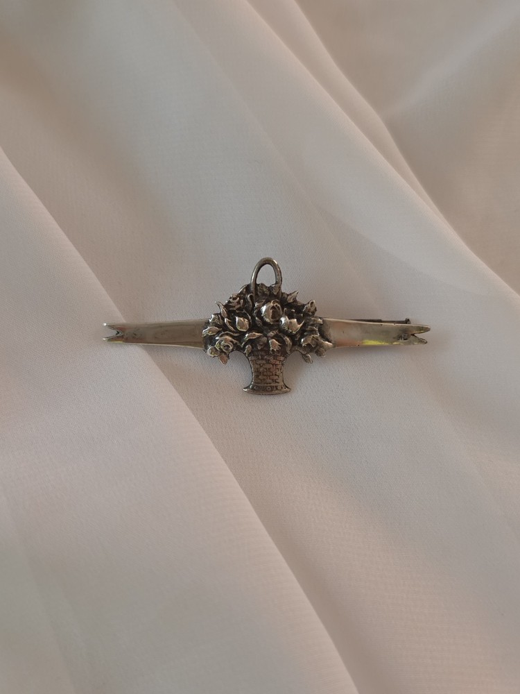 Antique Sterling Flower Basket Pin Trombone Clasp Brooch Sterling Silver