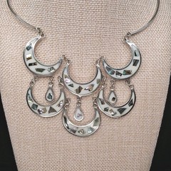Vintage Alpaca MEXICO Cresent Moon Bib Necklace Abalone And White Enamel. 17.883