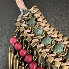 Vtg Egyptian-style Spiked BIB necklace W/ Copper Tone Spikes Pink & Green Beads