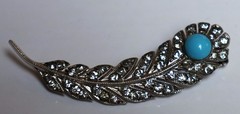 Art Nouveau Sterling Silver 925 Feather Design 2 1/2″ Turquoise & Rhinestone Pin