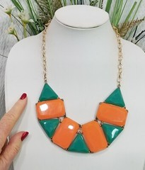 Vintage Orange and Green Acrylic Geo Tile Mosiac Bib Gold Tone Choker Necklace