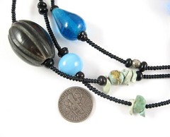 GLASS & STONE BEADED Vintage Necklace Metal Plastic Beads Back Seedbeads 38″