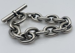 Vintage French Sterling Silver Large Oval Link Chain Toggle Bracelet Hermes