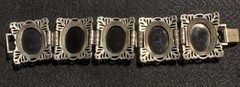 Vintage Judy Lee Victorian Chunky Black Cabochon Filagree Silver Tone Bracelet
