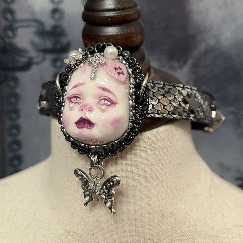 Gothic Crying Doll Head Choker Lace Pearl Butterfly Pendant Necklace