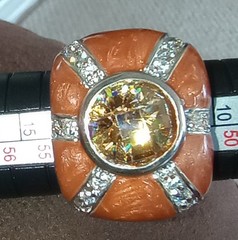 Ring 18kt gold plate, bezel set amber glass and cz ring, size 6
