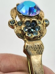 Vtg Sword Saber Brooch Dress Coat Kilt Pin Gold Tone AB Blue Rhinestone 3.5 In