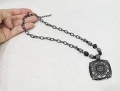 Vintage Black Crystal & Gunmetal Square Pendant Beaded Chain Choker Necklace