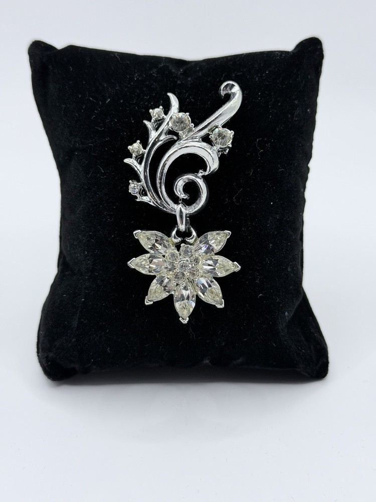 Vintage Corocraft Floral Dangle Brooch Silver Tone Signed