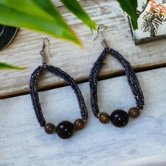 Beaded Hoop Earrings Black Dangle Large Metallic Bohemian Lightweight Vtg Witchy