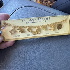 VTG SAINT AUGUSTINE Charm Bracelet Building Enamel Gold Tone Rope Chain NOS