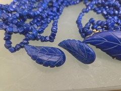 Vintage Multi Strand Necklace & Earrings Blue Lapis Lazuli Stone Carved Leaf