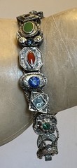50s Vintage Victorian Revival Jeweled Slide Charm Bracelet Silvertone Enamel 7”