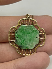 Antique Vintage Asian Style 14k Yellow Gold Pendant With Garved Jade Gemstone