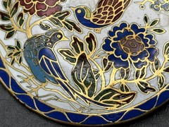 Vintage HUGE Cloisonné Enamel Brooch Birds Flowers Old Trombone Clasp