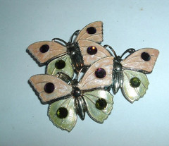 Vintage French Cloisonne Pink and Green Enamel and Rhinestone Butterfly Pin