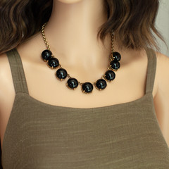 J.Crew Vintage Brass Necklace 9 Round Stones Adjustable Chain Statement Jewelry