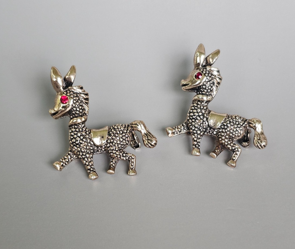 Vintage Matched Pair Pave Donkey Figural Brooch Pin Red Rhinestone Eye MCM Set