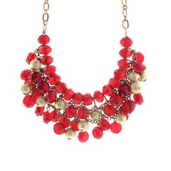 Vintage Red Crystal Glass Bead Dangle Necklace Gold Tone
