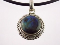 Sterling Silver 925 Labradorite Pendant on Black Silicone Cord Necklace 20.7g
