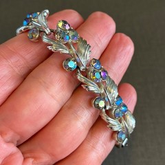 Vintage Rhinestone Bracelet Lisner Aurora Borealis Silver Tone Leaf Design
