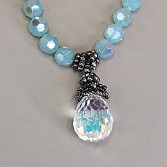 Glass Beaded Necklace Blue Opalite Crystal Teardrop Dangle Sterling Silver 16″