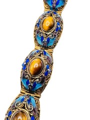 Vintage Chinese Export Gilt Silver Enamel Mesh Filigree Bracelet Tigers Eye Nice