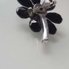 Vintage Daisy Brooch Cut Black Jet Glass & Rhinestone Pin Silver Tone Mcm 1 3/4″
