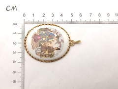 Vintage Porcelain Asian Japanese Couple Scene Gold Tone Large Oval Pendant