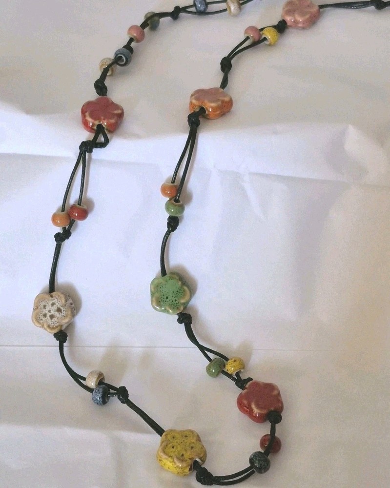 Multicolor Ceramic Bead Porcelain Necklace Bohemian Long Necklace Hippie Boho