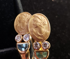 Vintage 18k gold earrings, three stones, with face portrait on it .16 otz