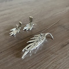 Vintage Judy Lee Brooch Pendant Clip On Earrings Signed Silver Tone Leaf Leaves