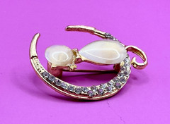Gold Tone Rhinestones Cat & Moon Brooch Contemporary