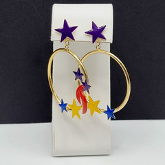 Stars Crescent Moon Colorful Enamel Metal Gold Tone Round Hoop Pierced Earrings
