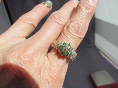 ANTIQUE BRISTOL 14K YELLOW GOLD TIERED EMERALD DIAMOND CLUSTER HALO RING