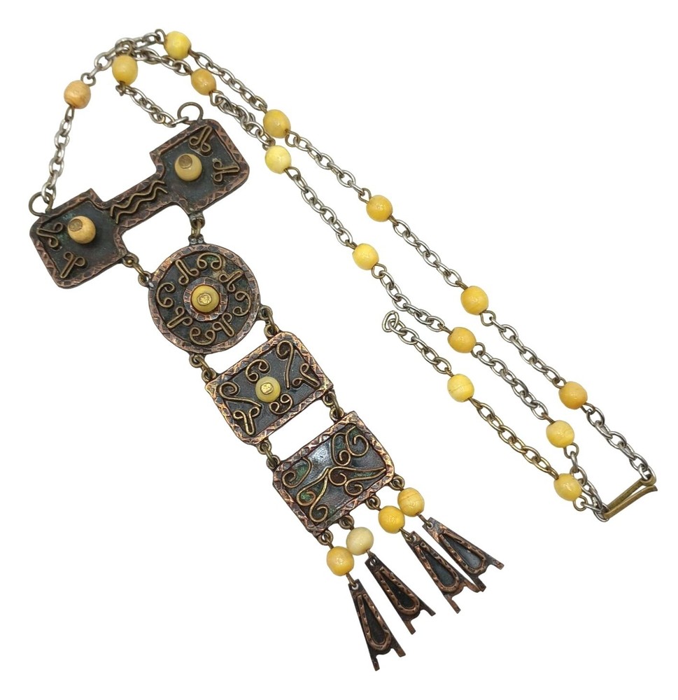 Vintage Mexican Necklace Modernist Articulating Panels Yellow Stones Mixed Metal