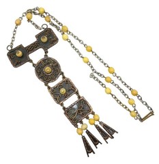 Vintage Mexican Necklace Modernist Articulating Panels Yellow Stones Mixed Metal