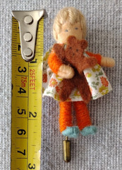 VTG Handcrafted Doll Pin Orange Holding Bear Brooch Stick Pin 2 3/4″ Worry Doll