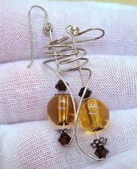 Vtg French Wired Honey Color Glass Bead Silver Dangle Drop Earrings