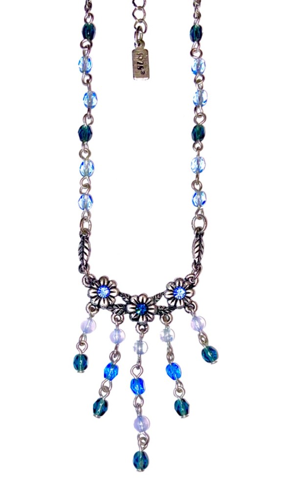 VINTAGE🇺🇸1928 FLOWER SAPPHIRE BRILLIANCE BLUE AUSTRIAN CRYST SLVR NECKLACE✨VTG