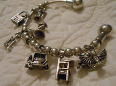 VTG Sterling 925 Charm Bracelet w/ 13 Beads 7 Charms birds wine golf music shop
