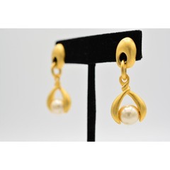 Vintage Dangle Pearl Drop Earrings Brushed Gold Matte Door Knockers 1980s BinAR
