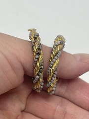 Vintage Gold Tone Twisted Rope Hoop Earrings Grey Silver Beaded Screw Back MCM