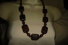 LARGE DARK BROWN SQUARE WOOD BEADS STRUNG ON CORD BOHO NECKLACE #195B