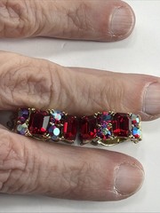 Vintage signed Lisner Red AB Rhinestone Clip On Earrings gold tone