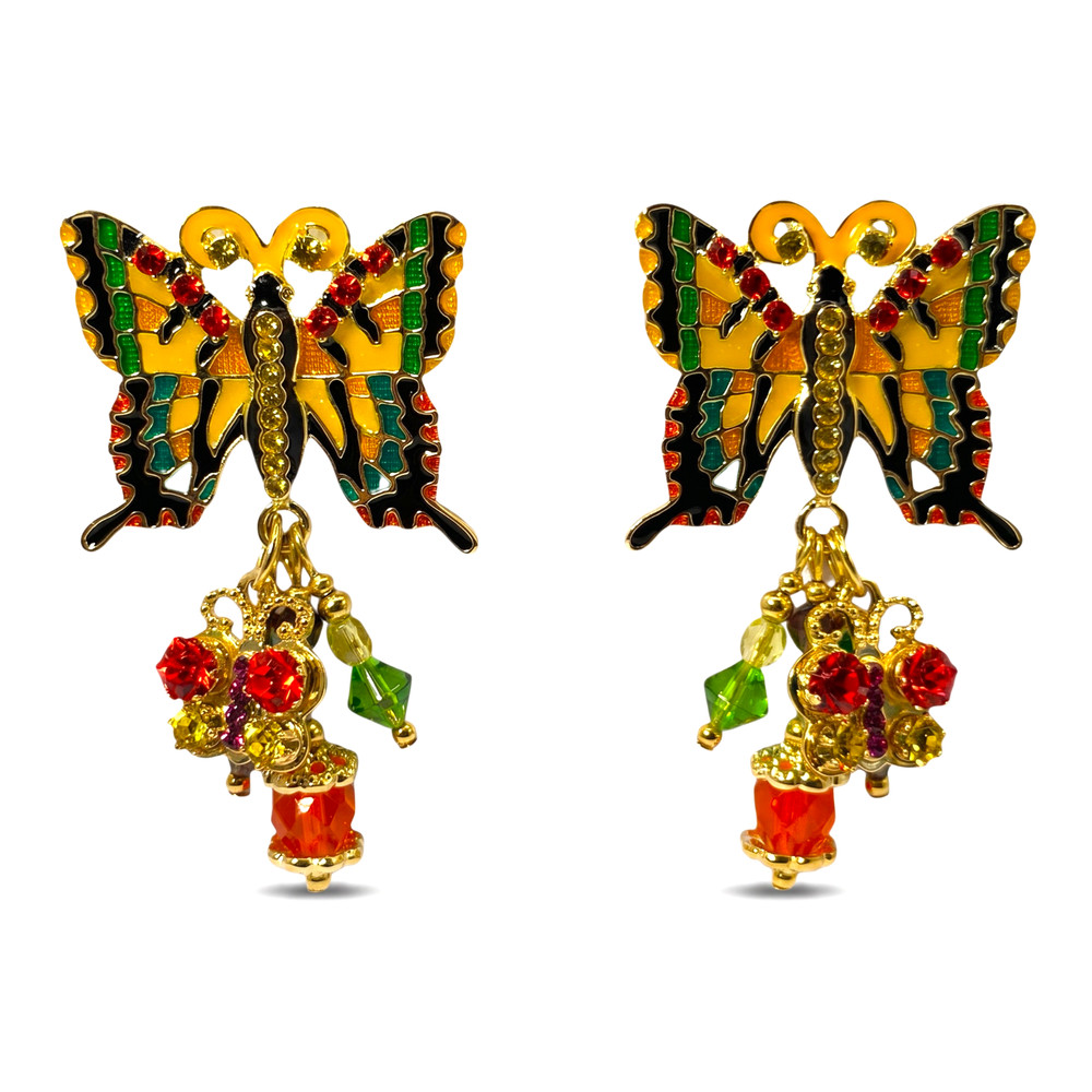 NOS Vintage Enamel Butterfly Dangle Earrings Colorful Crystal Gold Tone