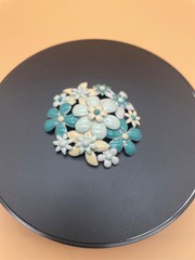Vintage Large Turquoise and Cream Enamel Floral Broach 3” across