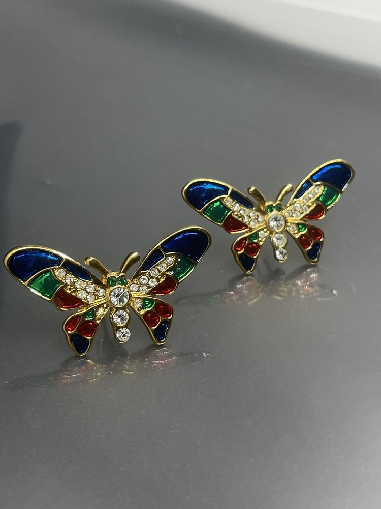 Vintage GoldTone Multicolor Enamel Pave Crystals Butterfly Post Stud Earrings