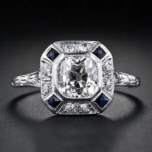2.5Ct Art Deco Style Lab Created Diamond Sapphire Wedding 14K White Gold FN Ring