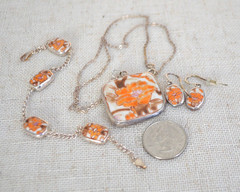 Vtg 70s Italian Sterling Silver Ceramic Floral Jewelry Set Necklace Bracelet Erg